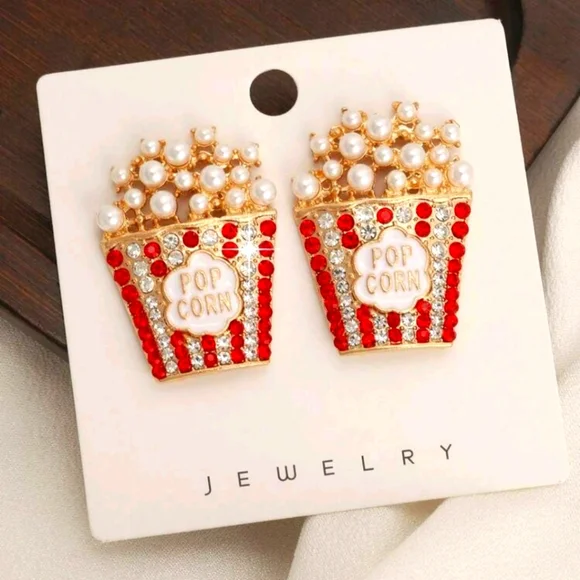 "Movie Night" Popcorn Red & Gold Stud Statement Earrings - Picture 2 of 2